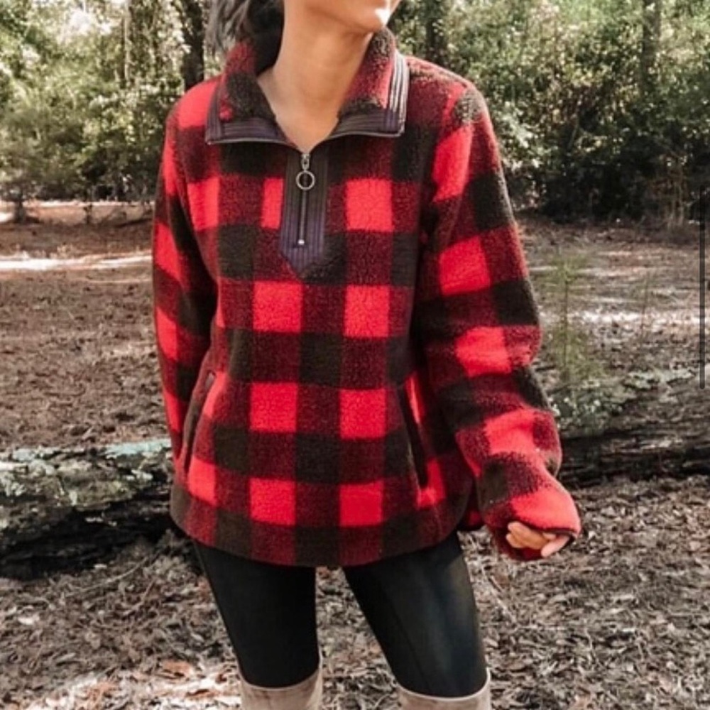 Abercrombie & Fitch Sherpa Fleece Pullover Jacket Red Black Plaid Check XS